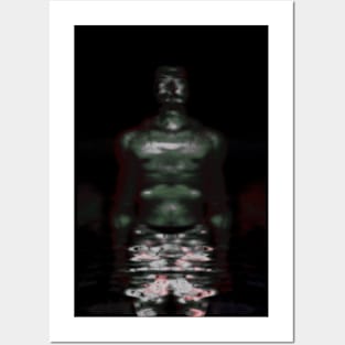 Portrait, digital collage and special processing. Muscular weird guy in briefs. Darkness. Glow. Green, gray. Posters and Art